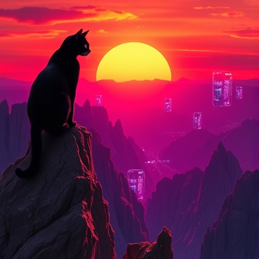 black cat on sunset in mountains
