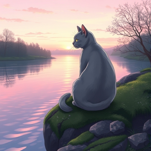 A cat on the riverbank looks into the distance